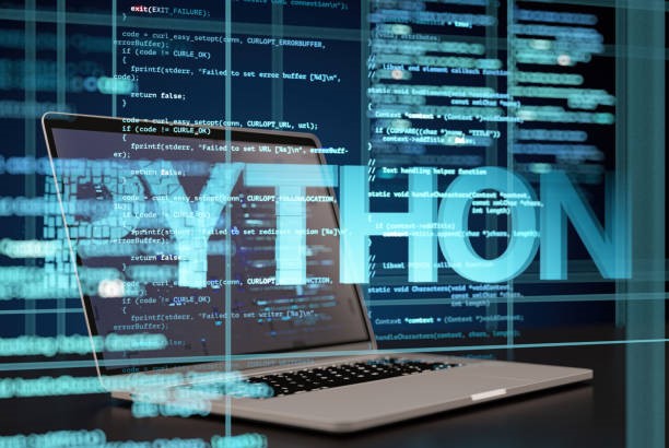 Python Programming Language Concept with Computer Code and Laptop. 3D Render